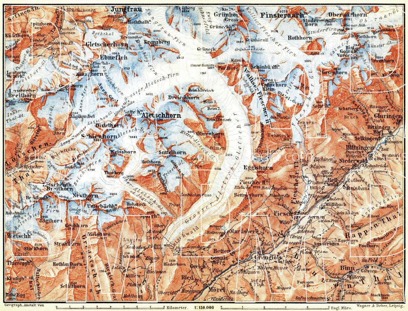 Old map of the vicinity of the Aletsch Glacier in 1898. Buy vintage map