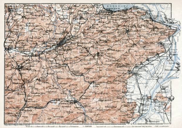 St. Gallen, Appenzell and environs map, 1909. Use the zooming tool to explore in higher level of detail. Obtain as a quality print or high resolution image