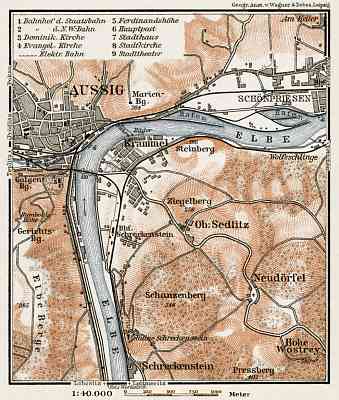 Aussig (Ústí nad Labem) and environs map, 1910