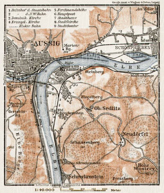 Aussig (Ústí nad Labem) and environs map, 1910. Use the zooming tool to explore in higher level of detail. Obtain as a quality print or high resolution image