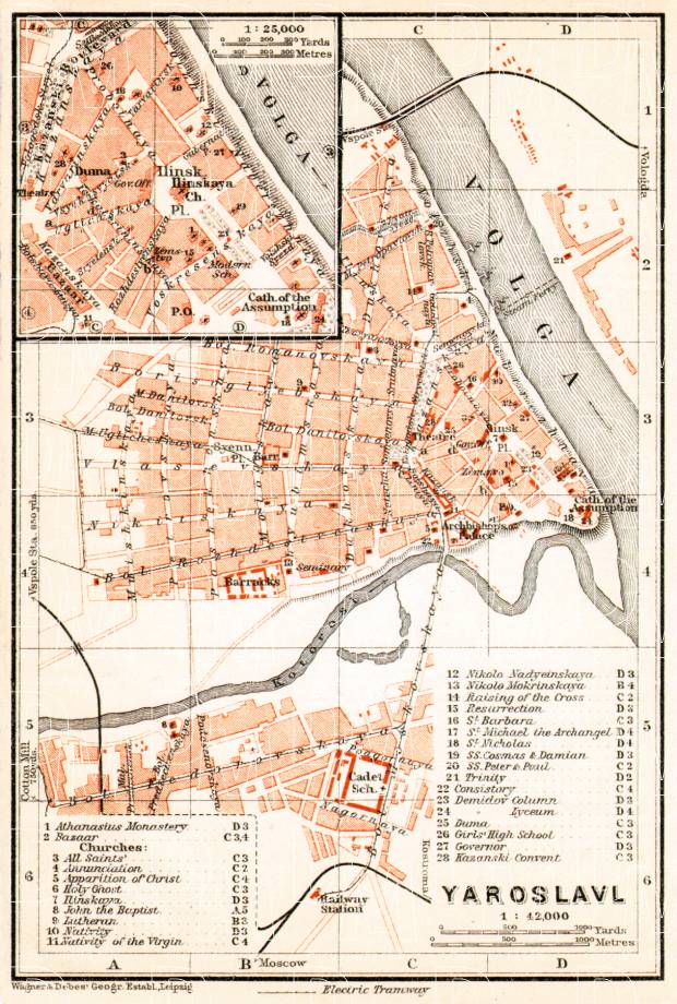Yaroslavl (Ярославль) city map, 1914. Use the zooming tool to explore in higher level of detail. Obtain as a quality print or high resolution image