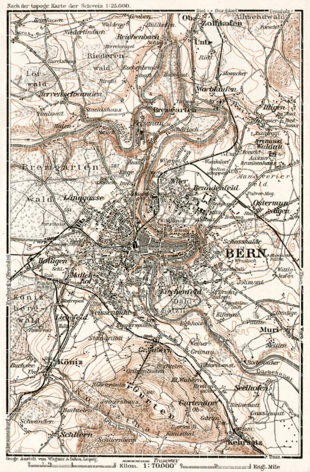 Bern (Berne) and environs map, 1909. Use the zooming tool to explore in higher level of detail. Obtain as a quality print or high resolution image