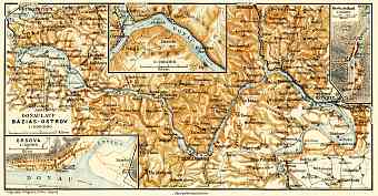 Herkulesbad (Baile Herculane, Herkulesfürdö), Orsova (Orşova), town plans. Orsova environs. Danube River course from Báziás (Baziaş) to Ostrov (Orşova), 1911