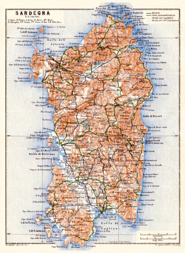 Sardinia (Sardegna) map, 1929. Use the zooming tool to explore in higher level of detail. Obtain as a quality print or high resolution image