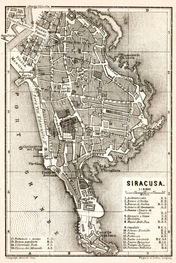 Old map of Syracuse (Siracusa) in 1912. Buy vintage map replica poster