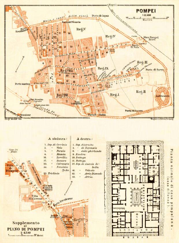 Pompei (Pompeii) general plan with typical street level inset plan, 1929. Use the zooming tool to explore in higher level of detail. Obtain as a quality print or high resolution image