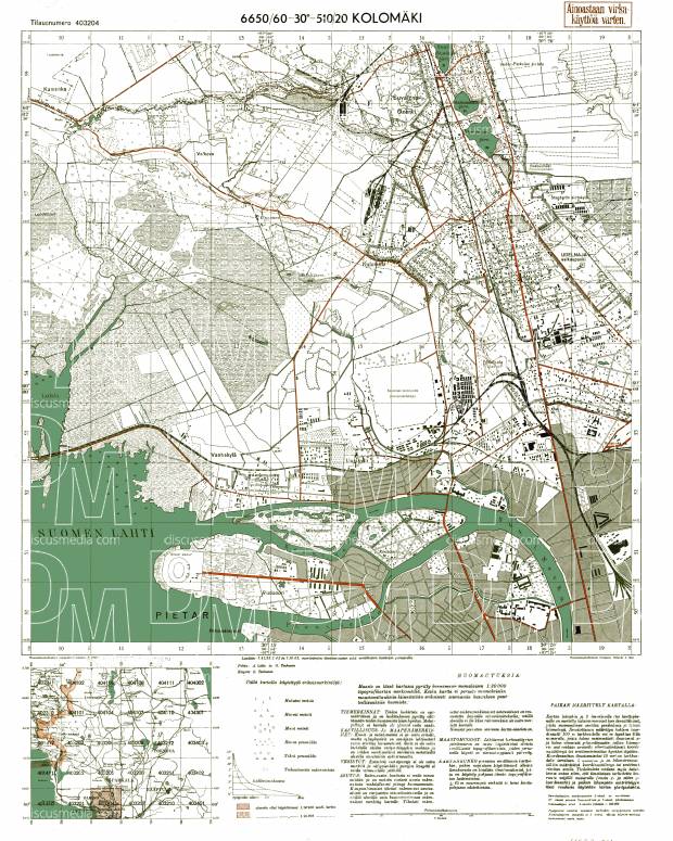 Kolomjagi (St. Petersburg). Kolomäki. Topografikartta 403204. Topographic map from 1942. Use the zooming tool to explore in higher level of detail. Obtain as a quality print or high resolution image