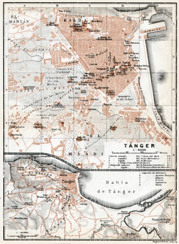 Tánger (طنجة, Tangier) city map, 1913. Environs of Tánger. Use the zooming tool to explore in higher level of detail. Obtain as a quality print or high resolution image