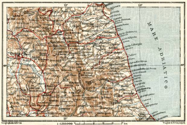 Ancona to Pescara eastern coast map, 1929. Use the zooming tool to explore in higher level of detail. Obtain as a quality print or high resolution image