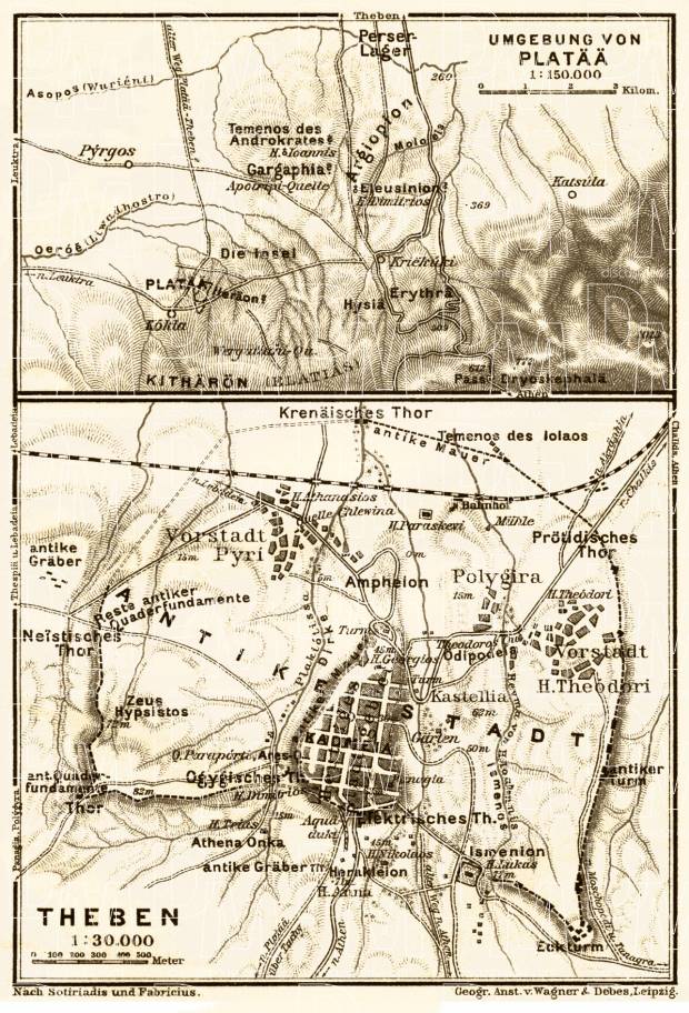 Theben (Thebae, Θήβα) site map and Plataiai (Πλαταιαί) site map, 1908. Use the zooming tool to explore in higher level of detail. Obtain as a quality print or high resolution image