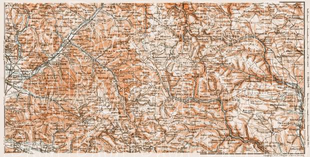 Schwarzwald (the Black Forest). Elz valley (Elztal), Simonswäld Valley (Simonswälder Tal), BRīgach- and Breg Valleys (BRīgachtal and Bregtal) region map, 1909. Use the zooming tool to explore in higher level of detail. Obtain as a quality print or high resolution image