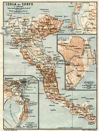Corfu Isle map, 1928. With town plan of Corfu (Kerkyra)