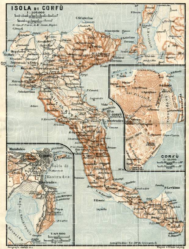Corfu Isle map, 1928. With town plan of Corfu (Kerkyra). Use the zooming tool to explore in higher level of detail. Obtain as a quality print or high resolution image