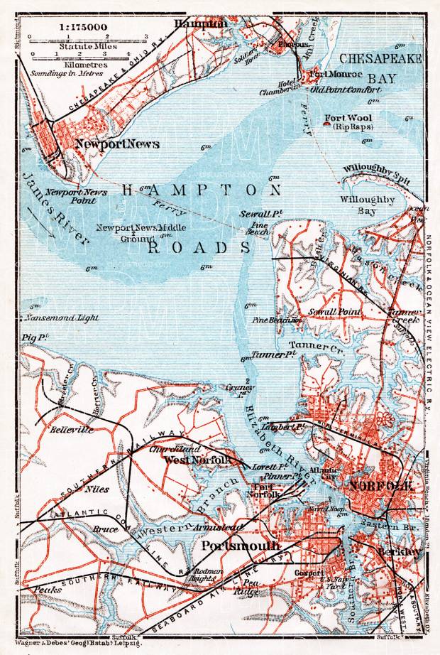 Map of the Hampton Roads, 1909. Use the zooming tool to explore in higher level of detail. Obtain as a quality print or high resolution image