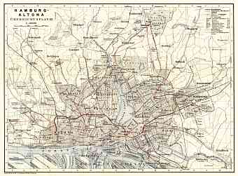 Hamburg and Altona, city map with tram and local railway networks, 1911