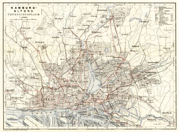 Hamburg and Altona, city map with tram and local railway networks, 1911. Use the zooming tool to explore in higher level of detail. Obtain as a quality print or high resolution image