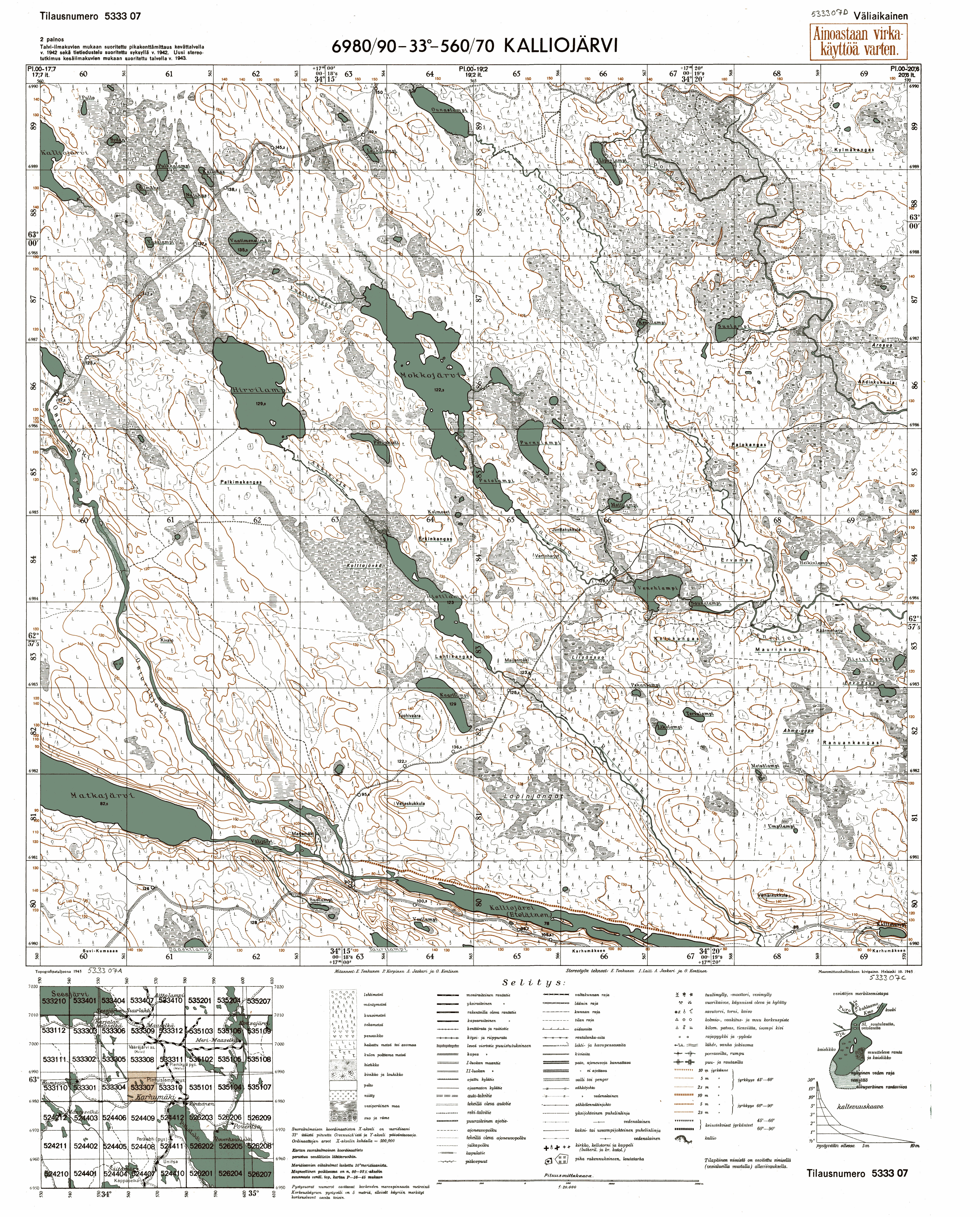 Kol'ozero Lake. Kalliojärvi. Topografikartta 533307. Topographic map from 1943. Use the zooming tool to explore in higher level of detail. Obtain as a quality print or high resolution image