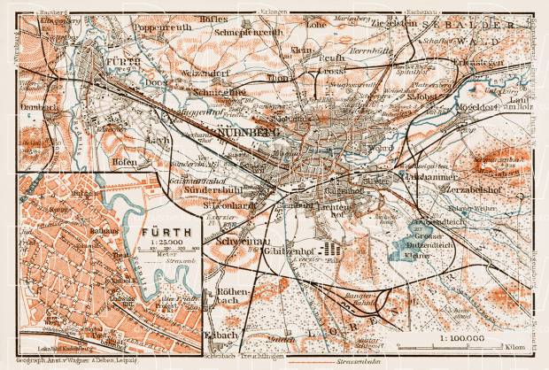 Map of the environs of Nürnberg (Nuremberg). Fürth city map, 1909. Use the zooming tool to explore in higher level of detail. Obtain as a quality print or high resolution image