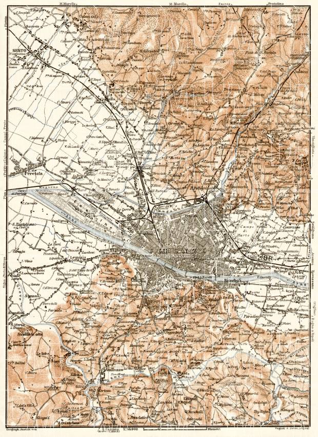 Florence (Firenze) environs map, 1908. Use the zooming tool to explore in higher level of detail. Obtain as a quality print or high resolution image