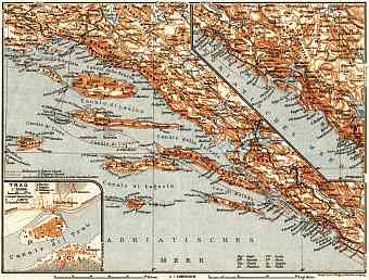 Dalmatian coast from Marina (Bossoglina) to Bari (Antivari) district map. Traù (Trogir) town plan, 1911