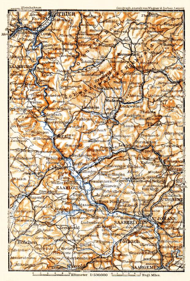Saar Valley from Trier to Saargemünd map, 1905. Use the zooming tool to explore in higher level of detail. Obtain as a quality print or high resolution image