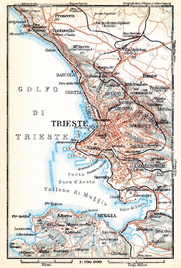 Triest (Trieste) environs map, 1929. Use the zooming tool to explore in higher level of detail. Obtain as a quality print or high resolution image
