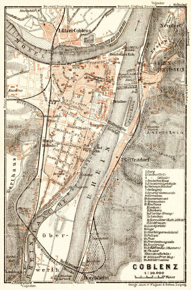 Coblenz city map, 1906. Use the zooming tool to explore in higher level of detail. Obtain as a quality print or high resolution image
