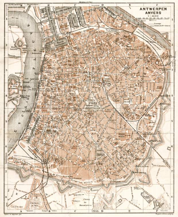 Antwerp (Antwerpen, Anvers) city map, 1909. Use the zooming tool to explore in higher level of detail. Obtain as a quality print or high resolution image