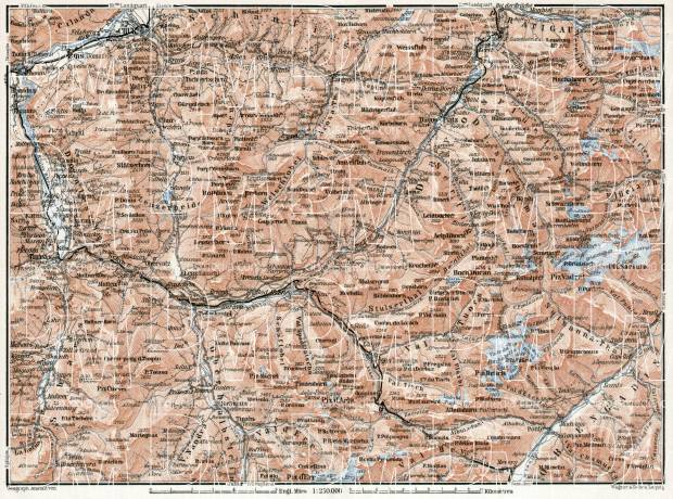 Central Grisons (Graubünden) Alps map, 1909. Use the zooming tool to explore in higher level of detail. Obtain as a quality print or high resolution image