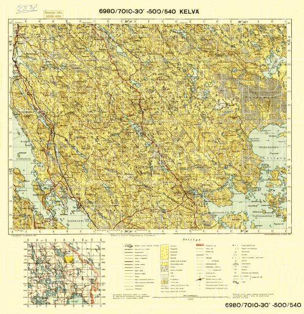 Kelvä. Topografikartta 4331. Topographic map from 1938. Use the zooming tool to explore in higher level of detail. Obtain as a quality print or high resolution image