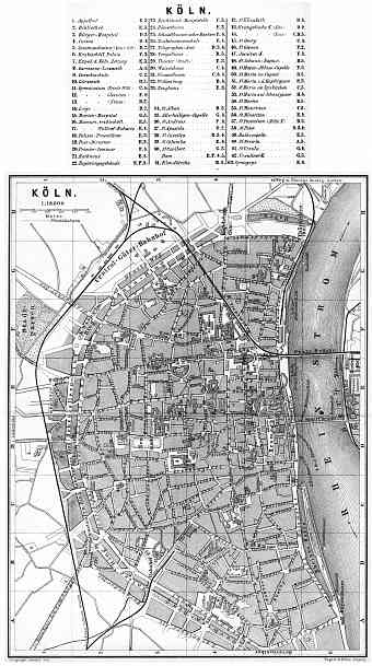 Cologne (Köln) city map, 1887