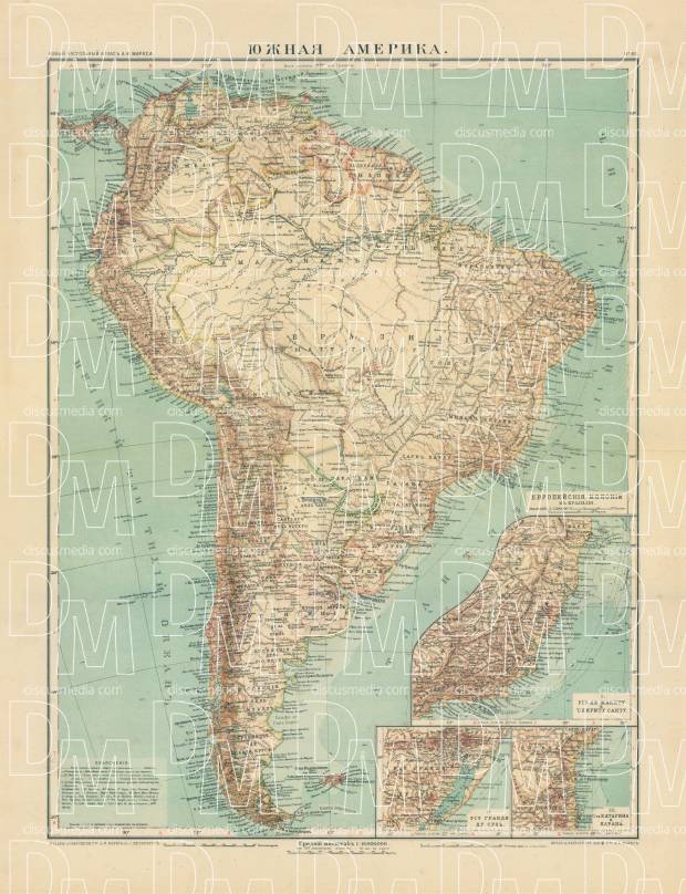 South America Map (in Russian), 1910. Use the zooming tool to explore in higher level of detail. Obtain as a quality print or high resolution image