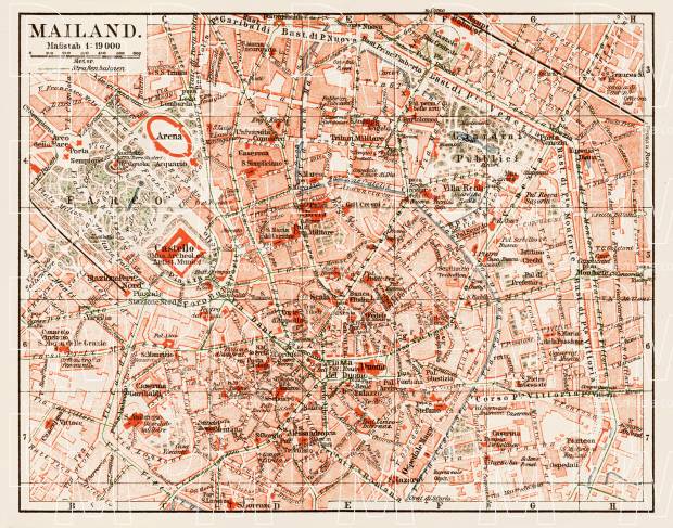 Milan (Milano), city centre map, 1913. Use the zooming tool to explore in higher level of detail. Obtain as a quality print or high resolution image