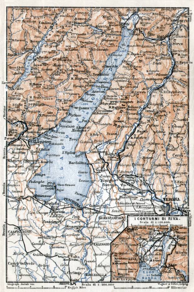 Garda Lake and its environs, region map, 1910. Use the zooming tool to explore in higher level of detail. Obtain as a quality print or high resolution image