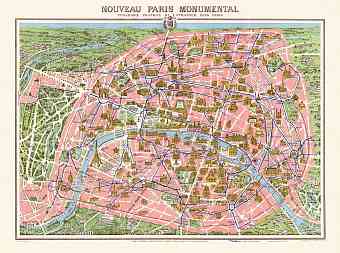 Paris city map. Monumental Plan of Paris, about 1910