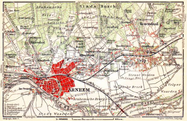 Arnhem and environs map, 1904. Use the zooming tool to explore in higher level of detail. Obtain as a quality print or high resolution image