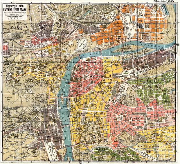 Prague (Praha) city map, 1924. Use the zooming tool to explore in higher level of detail. Obtain as a quality print or high resolution image
