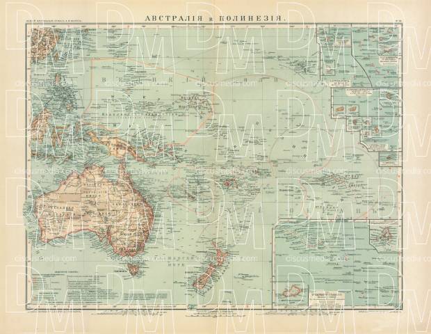 Australia and Polynesia Map (in Russian), 1910. Use the zooming tool to explore in higher level of detail. Obtain as a quality print or high resolution image