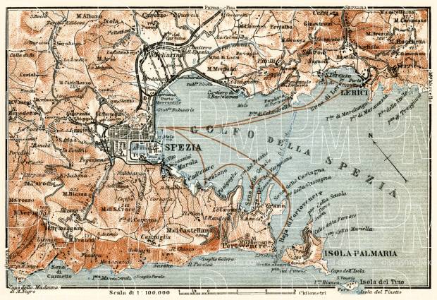 Spezia, environs map, 1913. Use the zooming tool to explore in higher level of detail. Obtain as a quality print or high resolution image