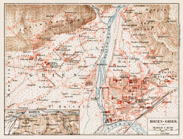 Bozen (Bolzano) and Gries, region map. Map of the environs of Bozen/Gries, 1903. Use the zooming tool to explore in higher level of detail. Obtain as a quality print or high resolution image