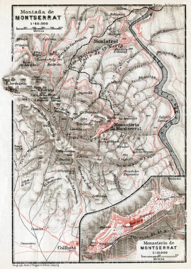 Montserrat Mountain and Monastery (Santa Maria de Montserrat) map, 1913. Use the zooming tool to explore in higher level of detail. Obtain as a quality print or high resolution image