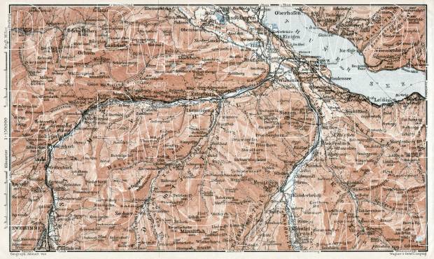 Lake Thun (Thuner See), Simme and Kander Rivers environs map, 1909. Use the zooming tool to explore in higher level of detail. Obtain as a quality print or high resolution image