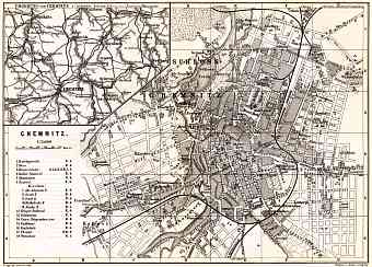 Chemnitz city map. Environs of Chemnitz map, 1887