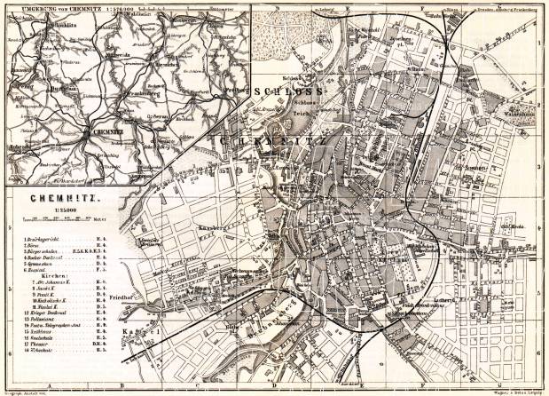 Chemnitz city map. Environs of Chemnitz map, 1887. Use the zooming tool to explore in higher level of detail. Obtain as a quality print or high resolution image