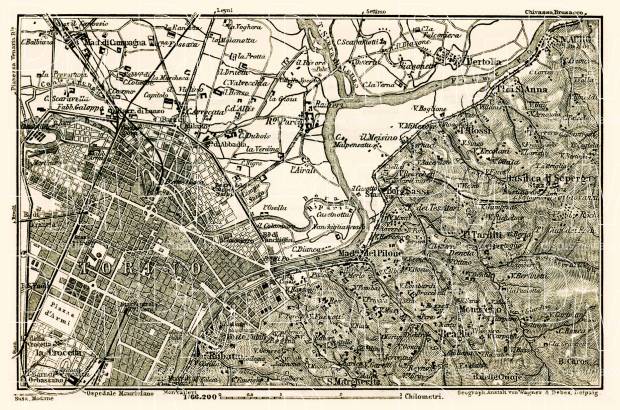 Turin (Torino), environs map, 1908. Use the zooming tool to explore in higher level of detail. Obtain as a quality print or high resolution image