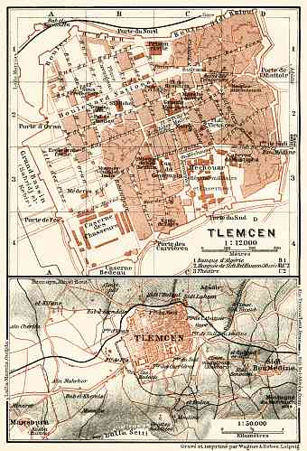 Tlemcen (تلمسان‎, Tilimsān) city map. Environs of Tlemcen map, 1909