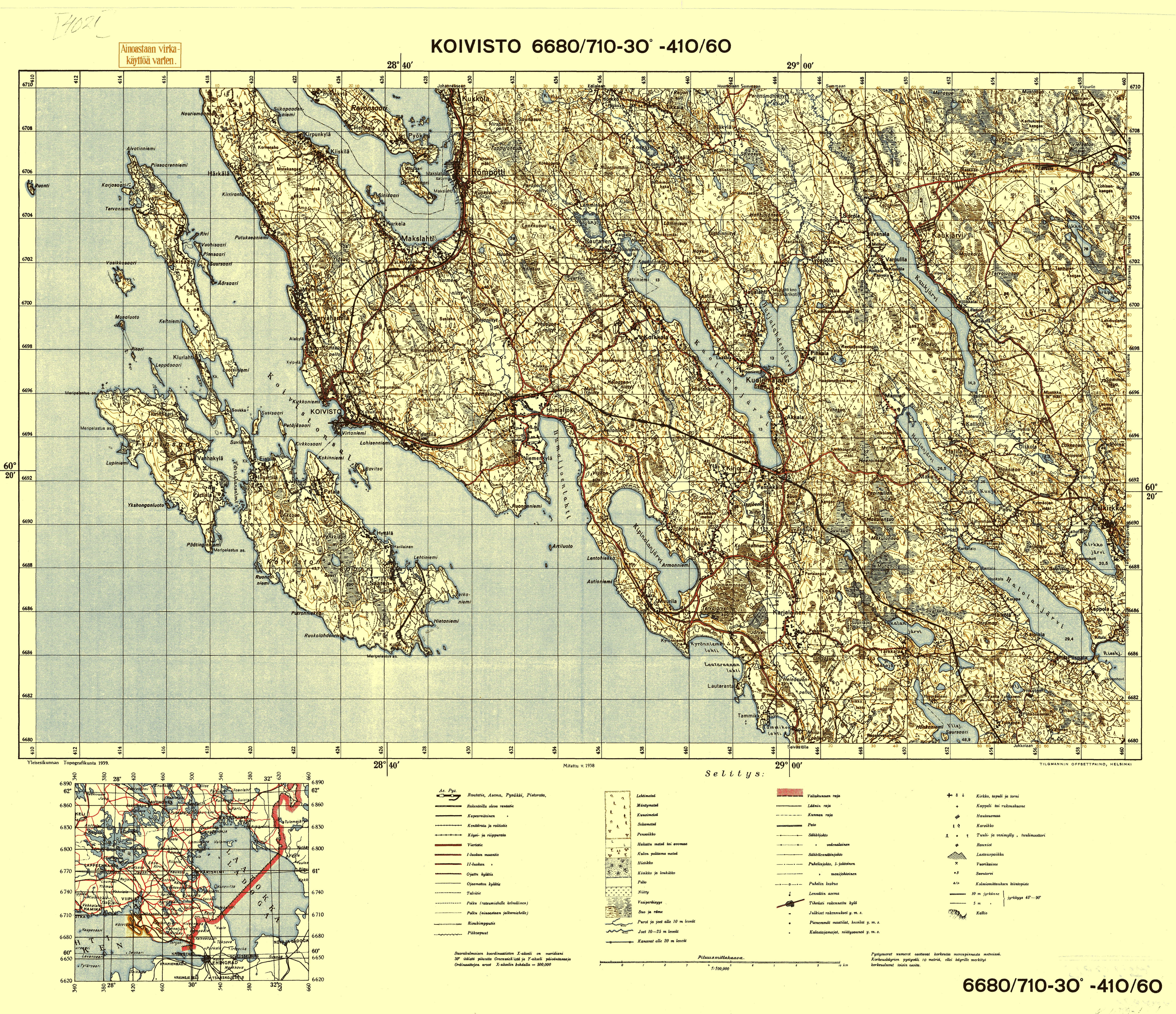 Primorsk. Koivisto. Topografikartta 4021. Topographic map from 1939. Use the zooming tool to explore in higher level of detail. Obtain as a quality print or high resolution image