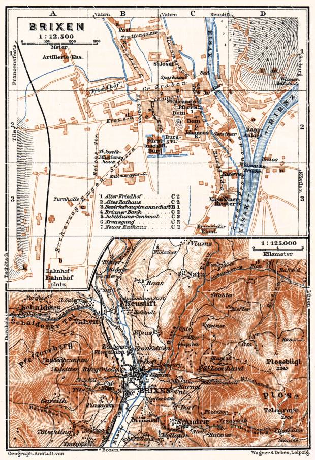 Old map of the vicinities of Bressanone (Brixen) in 1911. Buy vintage