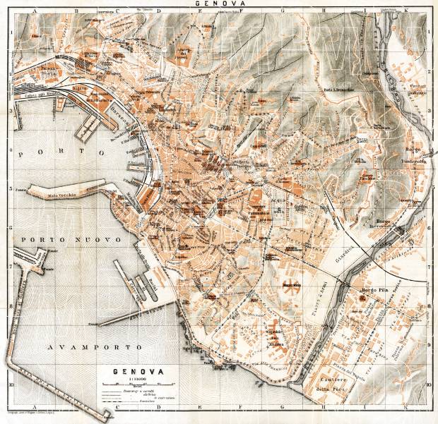 Genoa (Genova) city map, 1898. Use the zooming tool to explore in higher level of detail. Obtain as a quality print or high resolution image
