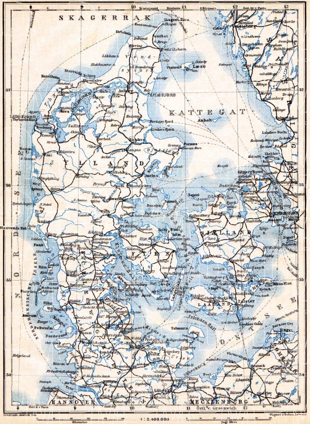 Schleswig and Denmark map, 1910. Use the zooming tool to explore in higher level of detail. Obtain as a quality print or high resolution image